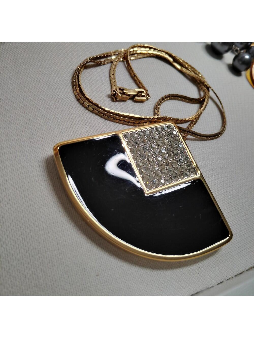 Rare GIVENCHY Black Enamel & Rhinestones Fan Pendant Necklace 32"